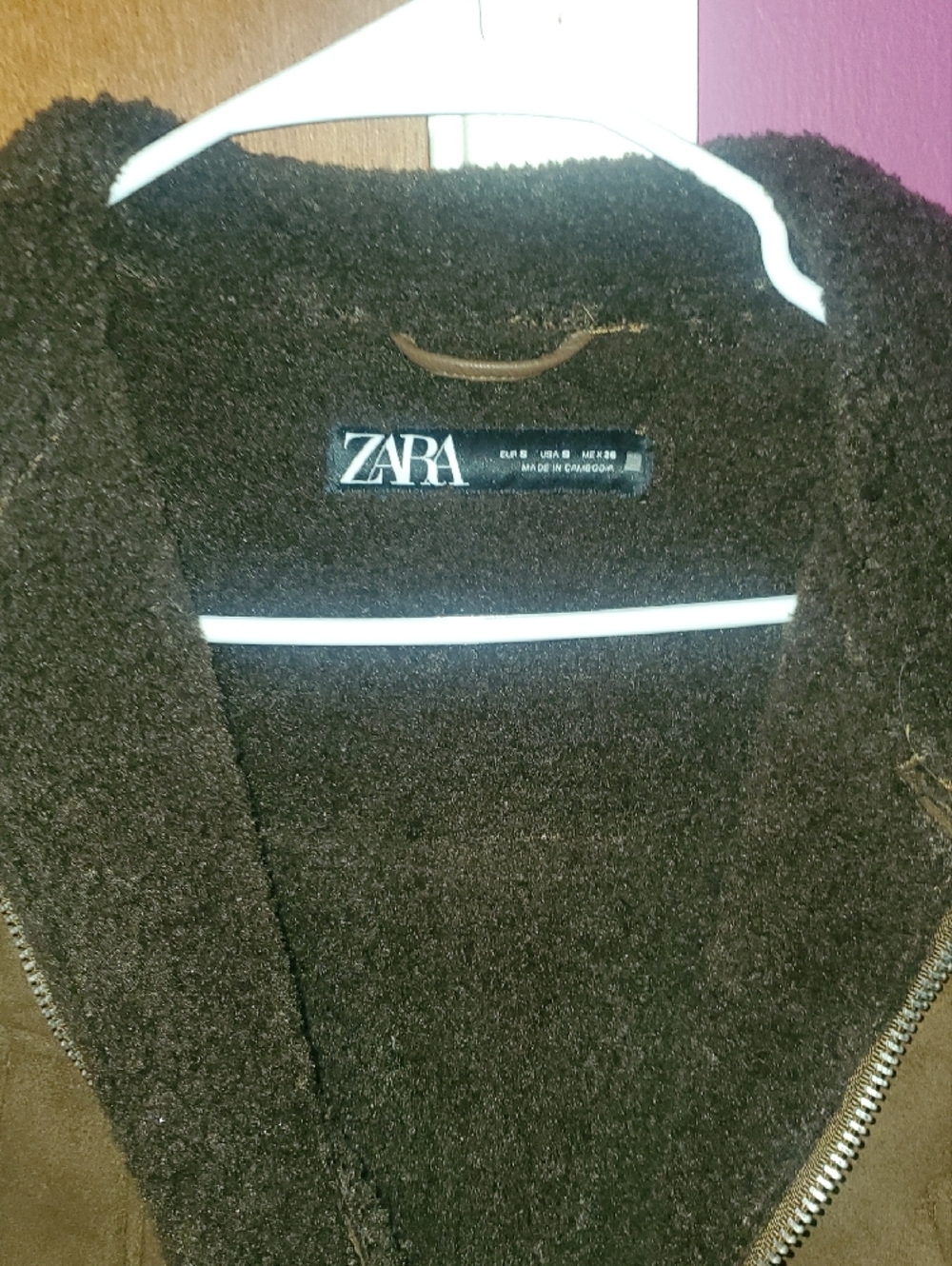 ZARA Dark Brown Shearling-Trim Bomber Jacket - Picture 4 of 9
